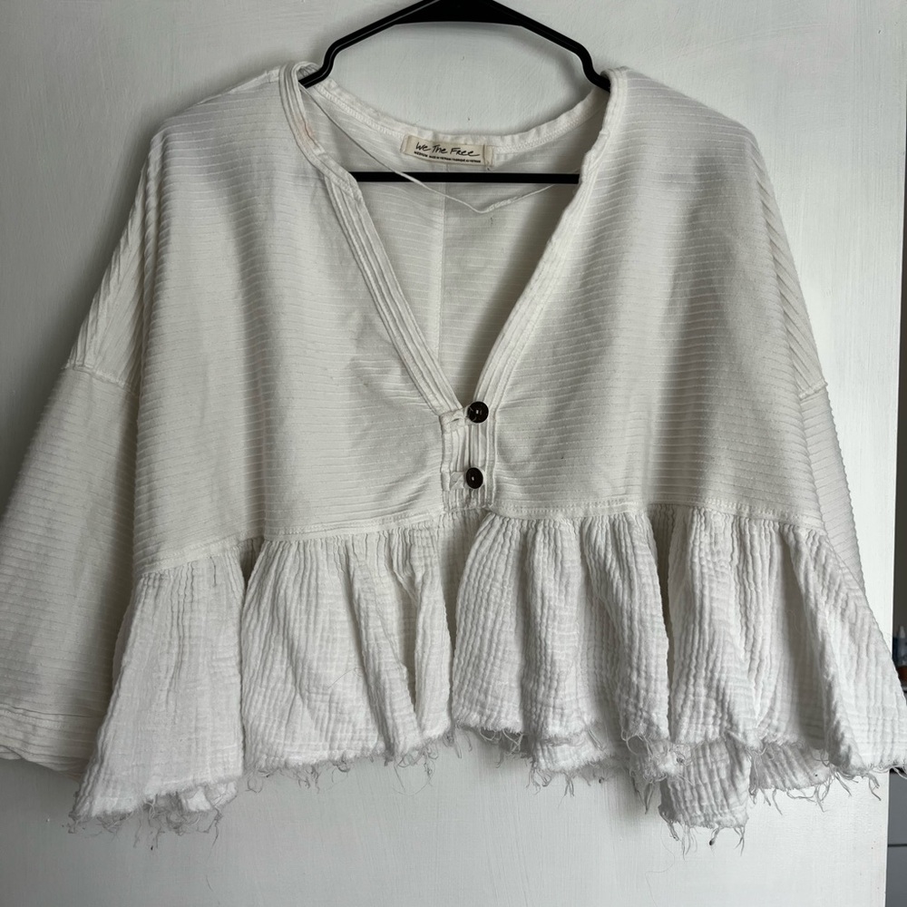 We The Free Cream Ruffled Blouse with Mandarin Collar